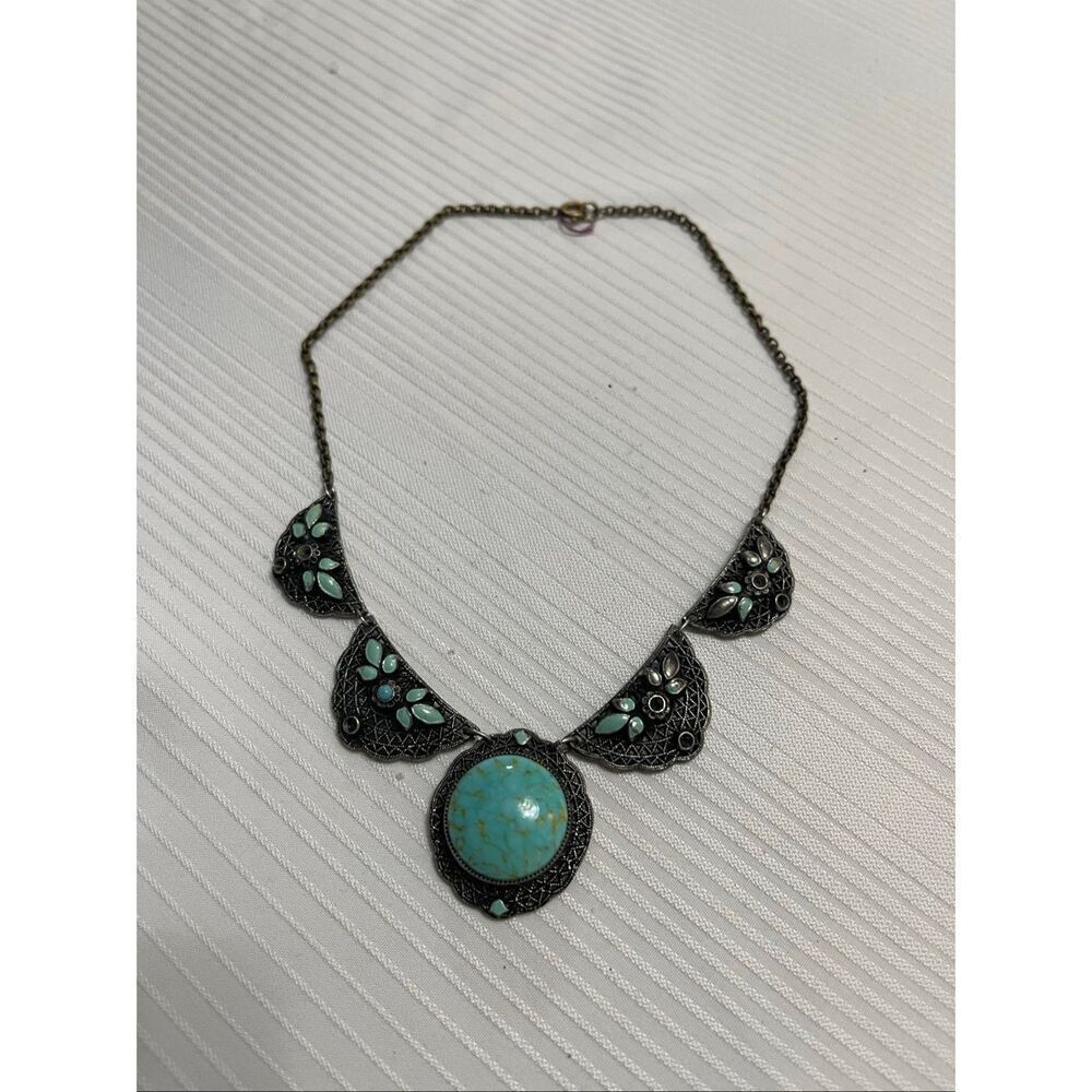 Art Deco Style Silver Tone Filigree Turquoise Glass Enamel Vintage Necklace
